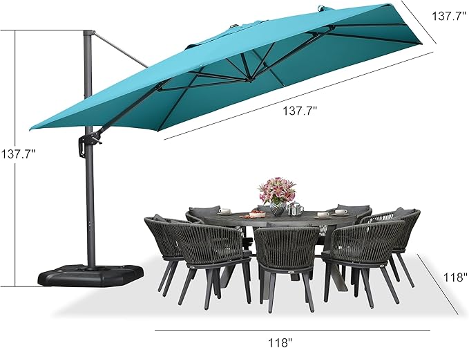 PURPLE LEAF 11.5' X 11.5' Telescopic Patio Umbrella with Base Included Lifting Cantilever Offset Square Large Umbrella for Pool Outdoor Patio Deck Garden Turquiose - Image 9