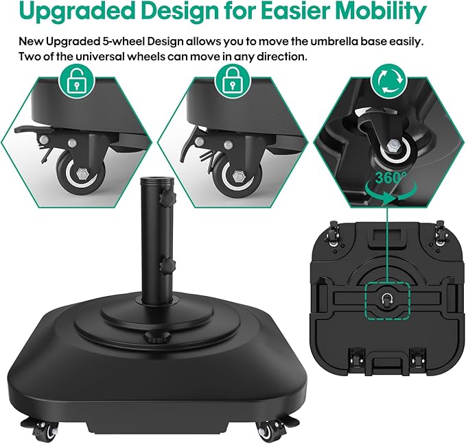 Umbrella Base with Wheels, Umbrella Stand Base Heavy Duty 100lb Windproof, Fillable Umbrella Base Mobile Square Umbrella Stand Outdoor Base for Patio, Deck, Poolside, Lawn, Fits Most Sized Umbrellas - Image 2