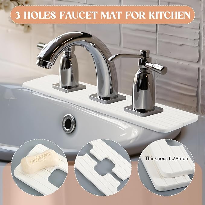 3 Square Hole White Faucet Mat for Kitchen Sink Bathroom 16.14" x 4.49" Kitchen - Image 4