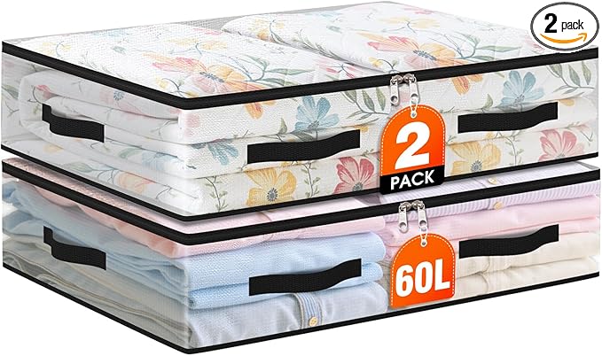 2 Pack Under Bed Storage Bags, 60L Foldable Clear Storage Containers by Unknown