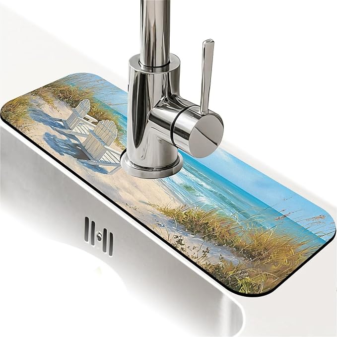 Kitchen Sink Splash Guard，Beach-scene Faucet Mat Sink Gadgets-Super Absorbent by ZHUZHISHAN