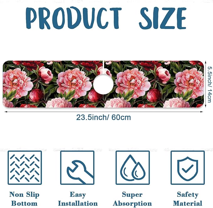Blooming Peony Sink Splash Guard Pink Peony Flowers Faucet Absorbing Mat Fast - Image 2