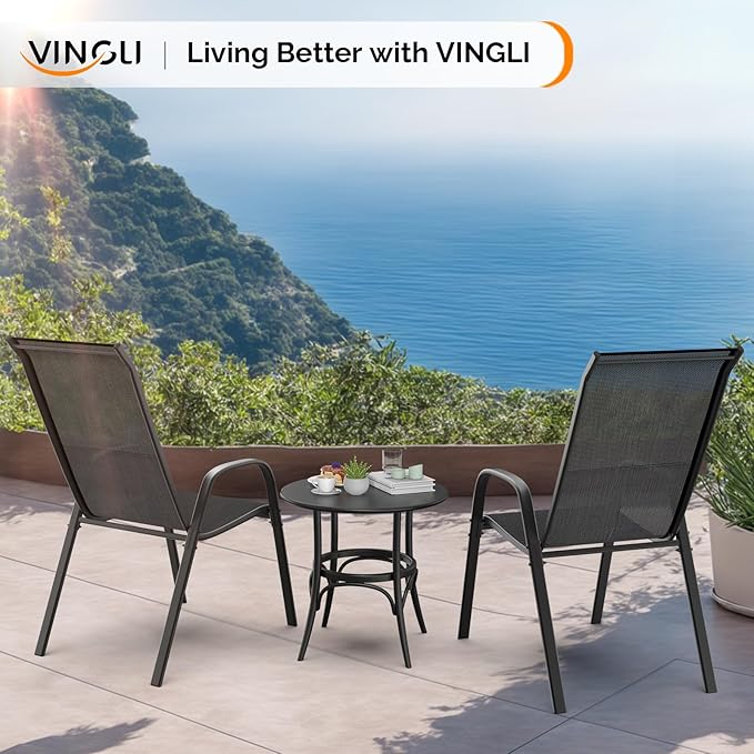 VINGLI Patio Chairs Set of 2 – Stackable Outdoor Dining Chairs with Comfortable Sling High Back Chairs and Armrests for Lawn, Poolside, Courtyard, Balcony, Garden, Black - Image 7