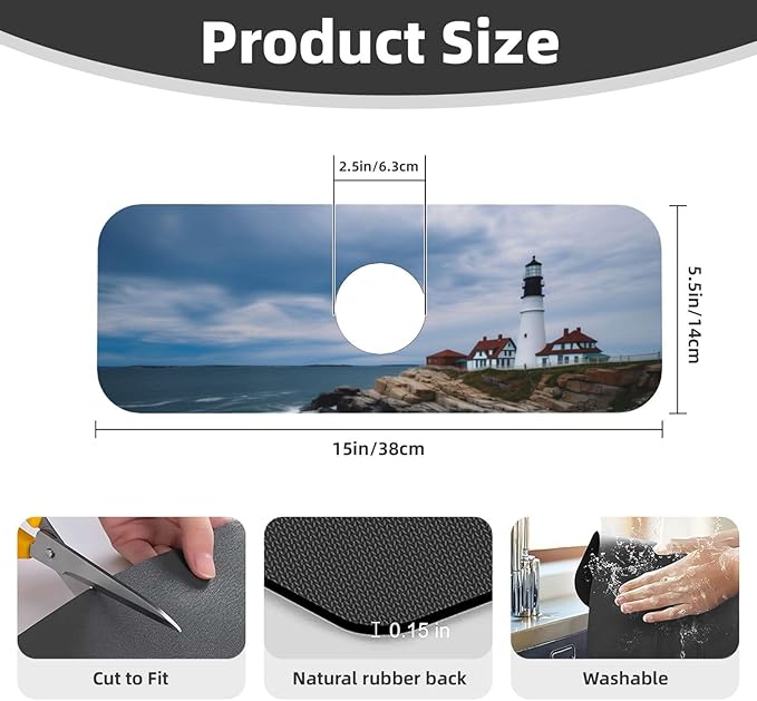 Kitchen Sink Splash Guard Faucet Mat Lighthouse Beach Sky 15"x5.5", Diatom Mat - Image 2