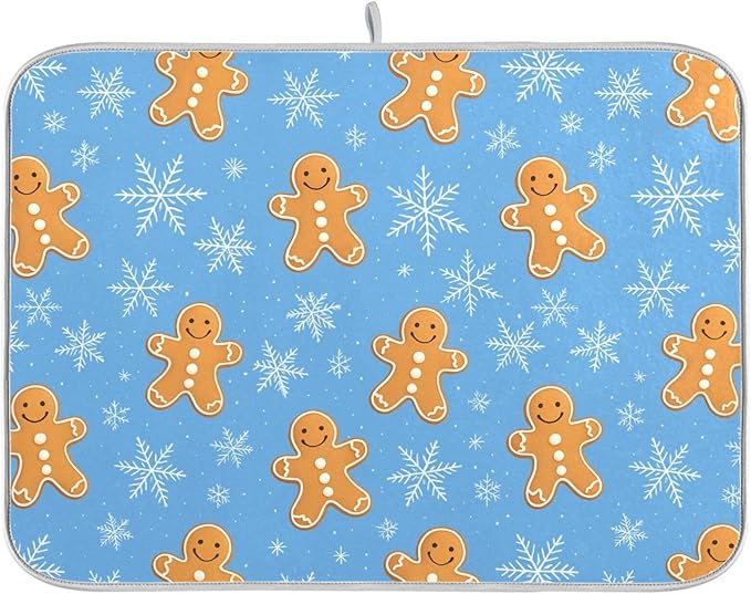 Snowflake Gingerbread Cookie Man Blue Dish Drying Mat by BOENLE-WELCOMEYOURCOMING