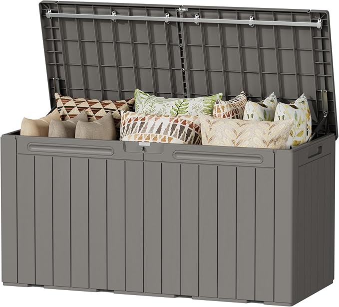 Devoko 100 Gallon Outdoor Storage Box, Waterproof Resin Deck Box for Patio Furniture, Lockable Container for Garden Cushions & Pool Supplies (Light Brown, 100 Gallon) by DEVOKO