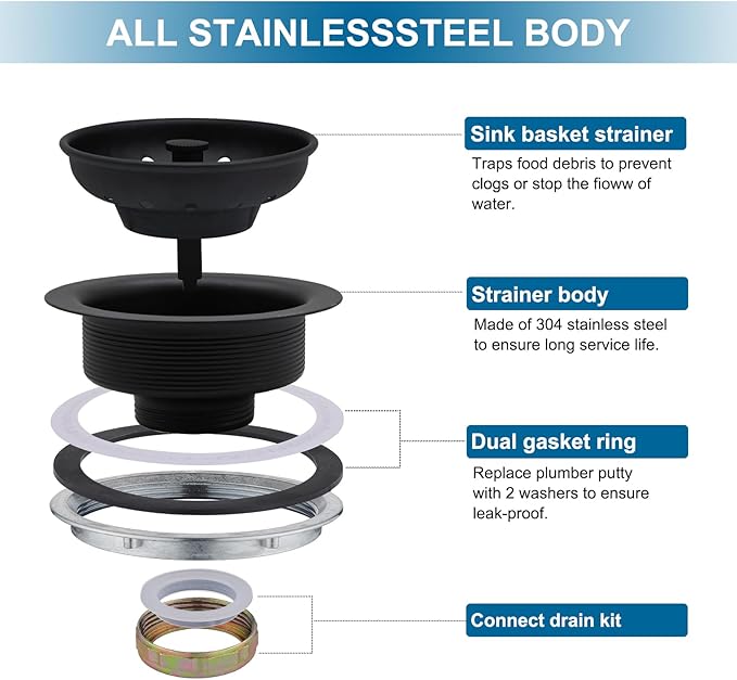 ZM Kitchen Black Sink Stainless Steel Basket Strainer - Image 3