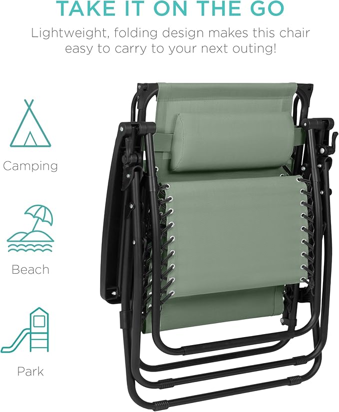 Best Choice Products 30” Wide Folding Zero Gravity Outdoor Recliner Patio Lounge Chair w/Adjustable Canopy Shade, Headrest, Side Accessory Tray - Sage Green - Image 9