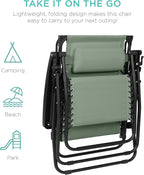 Best Choice Products 30” Wide Folding Zero Gravity Outdoor Recliner Patio Lounge Chair w/Adjustable Canopy Shade, Headrest, Side Accessory Tray - Sage Green - Image 9