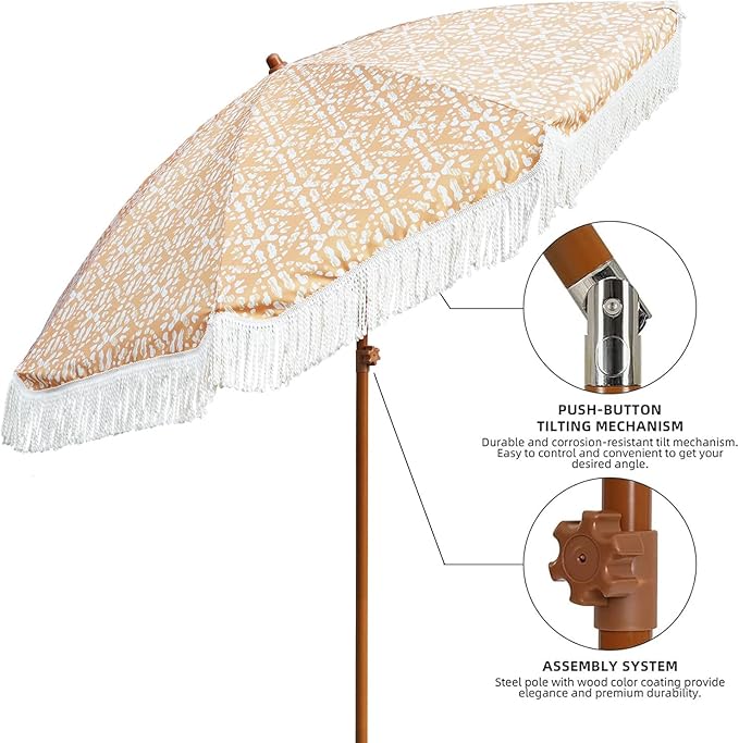 AMMSUN 7ft Patio Umbrella with Fringe Outdoor Tassel Umbrella UPF50+ Premium Steel Pole and Ribs Push Button Tilt, Retro Bohemian - Image 2