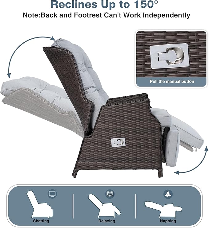 Outdoor Indoor Wicker Recliner with Adjustable Back and Footrest, Patio Reclining Chair with Flip-up Table, Outdoor Rattan Lounge Chair, Light Grey - Image 3