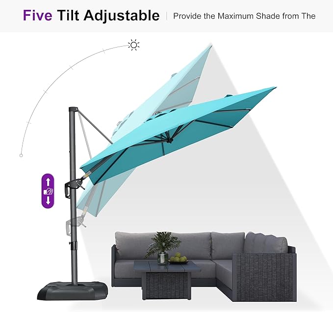 PURPLE LEAF 8 Feet Square Cantilever Umbrella Patio Umbrella with Base Outdoor Umbrella Aluminum Offset with 360-degree Rotation for Garden Deck Pool Patio, Turquoise Blue - Image 8
