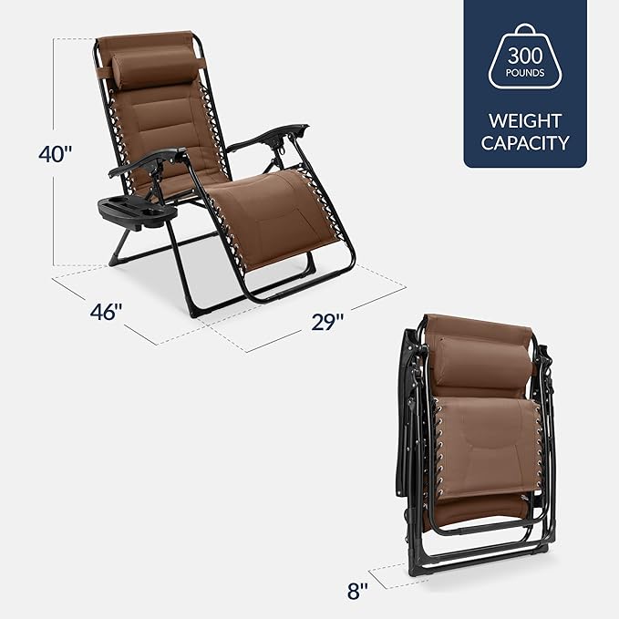 Best Choice Products Oversized Padded Zero Gravity Chair, Folding Outdoor Patio Recliner, XL Anti Gravity Lounger for Backyard w/Headrest, Cup Holder, Side Tray, Polyester Mesh - Dark Brown - Image 2