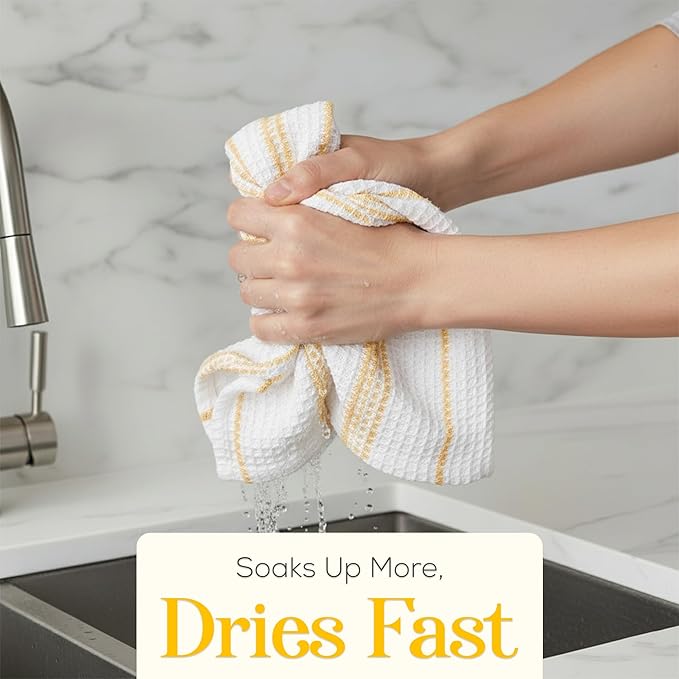 MosJos Kitchen Towels Set of 4 Dish Towels Yellow n White Waffle Weave Cotton - Image 3
