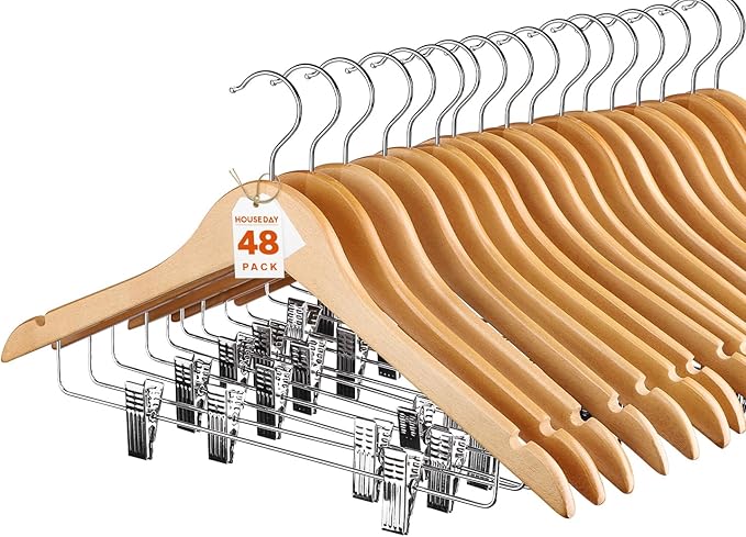 HOUSE DAY Wooden Hangers with Clips 48 Pack, Wooden Suit Hangers Skirt Hangers by HOUSEDAY