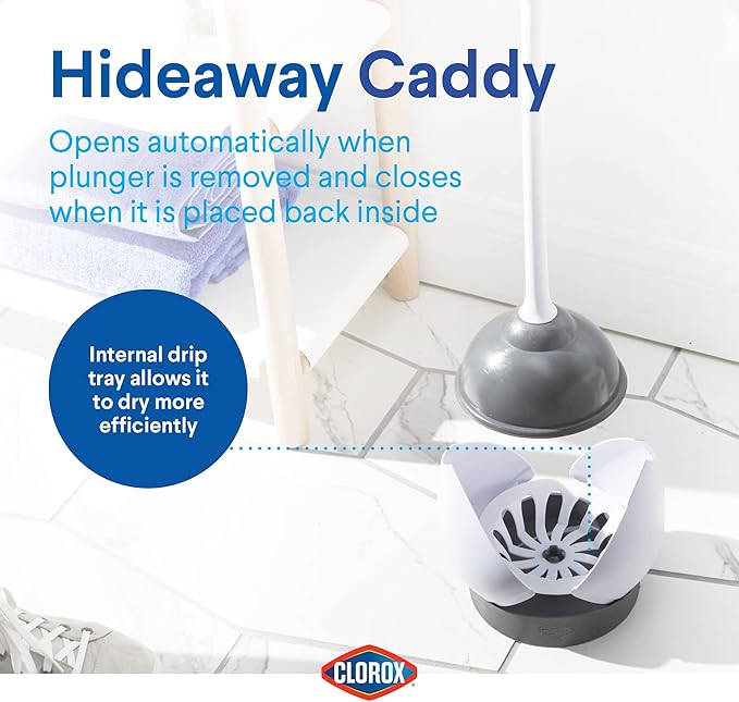 Clorox Toilet Plunger with Hideaway Holder Caddy Heavy-Duty Compact Design with - Image 7