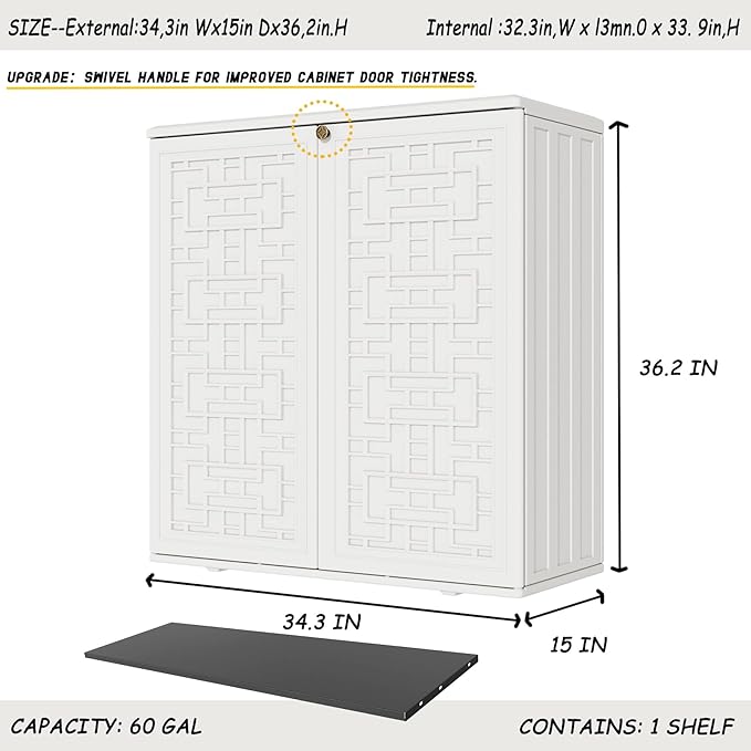 Indoor Outdoor Storage Cabinet Waterproof with Shelf, Off White Plastic Outdoor Cabinets for Patio/Garden/Backyard, Size 34.3''L*15''W*36.2''H - Image 4