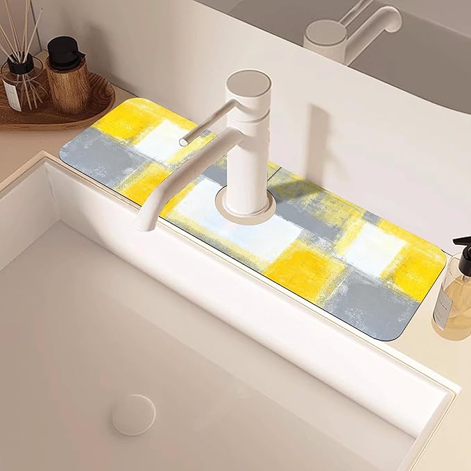 Grey and Yellow Abstract Kitchen Sink Splash Guard Mat Absorbent Fast Drying - Image 2