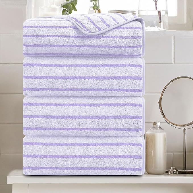 4 Pcs Light Purple Cabana Stripe Large Bath Towels 35"x70" Oversized Bath Sheet by Oliven
