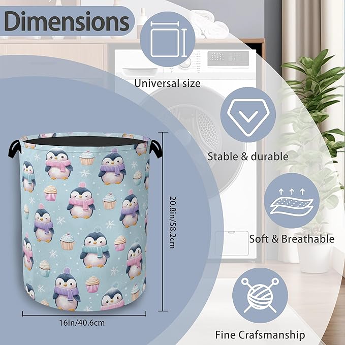 Cute Penguin Laundry Basket, Snowflake Cake Foldable Oxford Cloth Tote Bag - Image 2