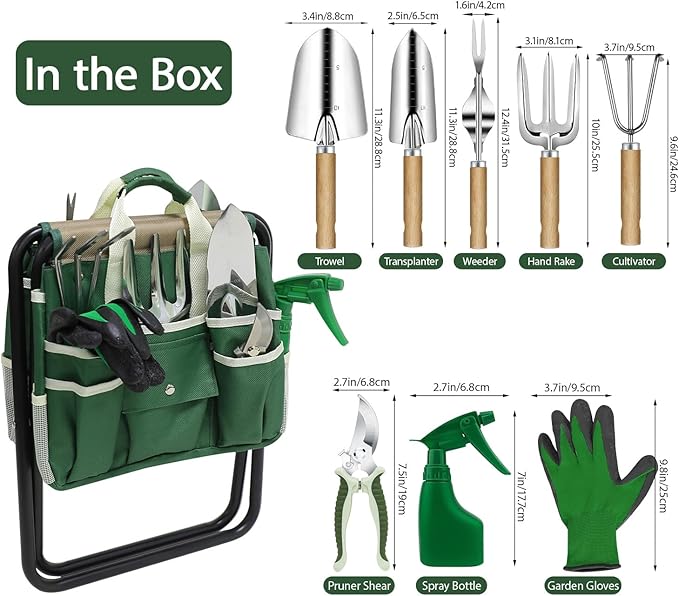 Garden Tool Set, 10 Piece Kit with Heavy Duty Folding Stool, Detachable Storage Tote Bag, Stainless Steel Tools, Gifts for Women Men Green - Image 2
