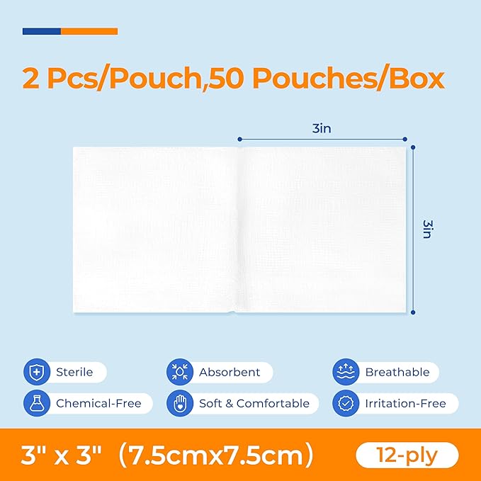 100Pcs Sterile Gauze Pads 3x3 Inch 12-Ply, 100% Cotton 3x3 Soft Gauze - Image 2