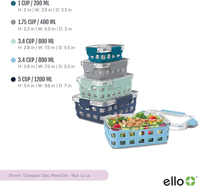 Ello Duraglass Mixed Meal Prep Sets Leak-Proof Glass Food Storage Containers - Image 3