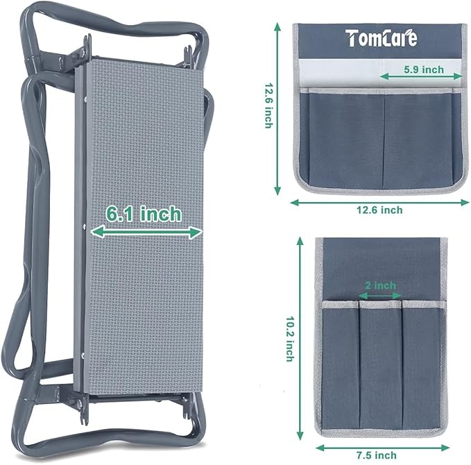 TomCare Garden Kneeler Seat Garden Bench Garden Stools Foldable Stool with Tool Bag Pouch EVA Foam Pad Outdoor Portable Kneeler Christmas Gardening Gifts for Women Men,Large 21.65"x10.62"x18.89",Grey - Image 2