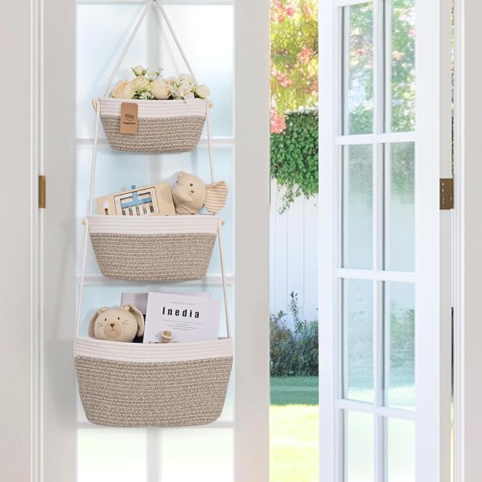 Hanging Storage Baskets, Over the Door Basket, Cotton Wall Baskets Storage - Image 3