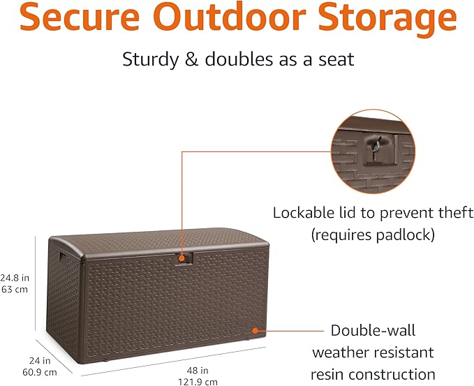 Amazon Basics Outdoor Storage Deck Box, Lockable, Weather-Resistant, 99 Gallon, Brown, for Patio Cushions, Gardening Tools, Pool Accessories - Image 3