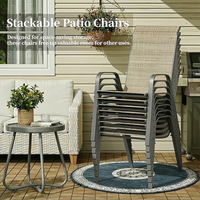 MAMIZO Patio Dining Chairs, Stackable All Weather Teslin Chair, Heavy Duty Outdoor Breathable Chairs Set, w/Armrests, Upgraded Chair FeetW/Strenthened Iron Spacers, 330 LBS (8, Brown) - Image 6