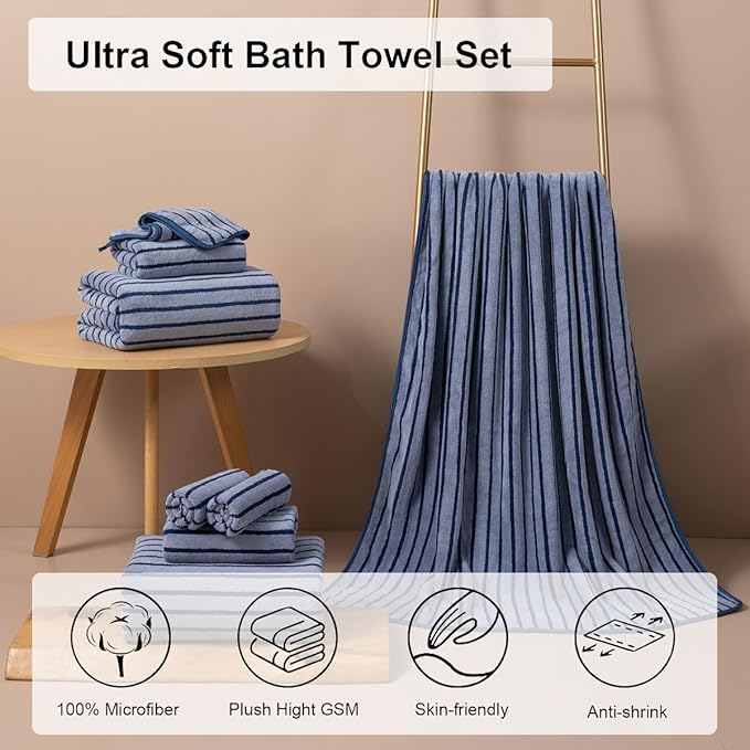 8 Pcs Navy Cabana Stripe Large Bath Towel Set Oversized Bath Sheet 2 Bathroom - Image 2