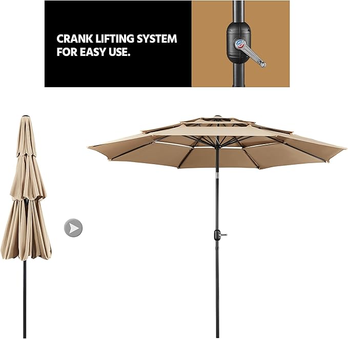 Yaheetech 3-Tier Patio Umbrella 10ft Vented Outdoor Canopy Sun Shade Large Market Table Umbrella Double-layer Cloth & Push-button Tilting for Yard/Garden/Park Tan - Image 7