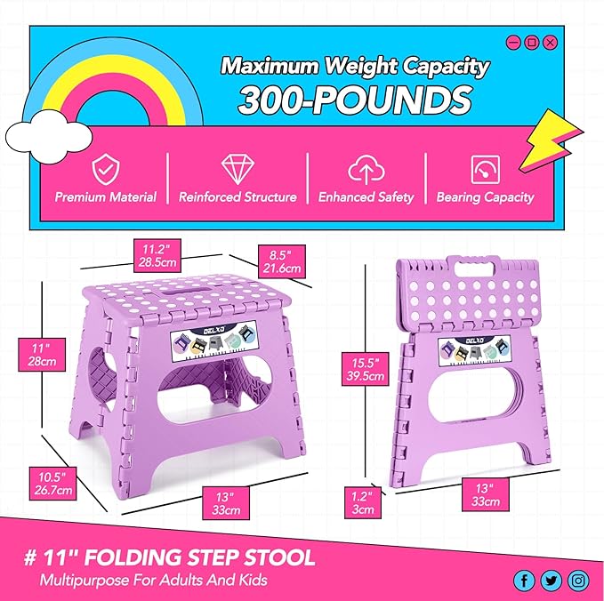 Delxo 11 inch Folding Step Stool, Non-Slip Foldable Stools Up to 300 LBS, Step Stool with Handle, Lightweight for Kitchen, Bathroom, Bedroom, Garden, Light Purple, 1PC - Image 2