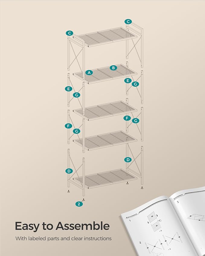 SONGMICS 5-Tier Metal Storage Rack, Shelving Unit with X Side Frames, Dense Mesh, 12.6 x 23.6 x 57.3 Inches, for Entryway, Kitchen, Living Room, Bathroom, Industrial Style, Cloud White UBSC165W01 - Image 8