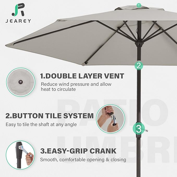 JEAREY 7.5FT Patio Umbrella Market Table Umbrella with 6 Sturdy Ribs, Push Button Tilt/Crank Outdoor Umbrella for Garden, Deck, Backyard, Pool and Beach,Light Grey - Image 3