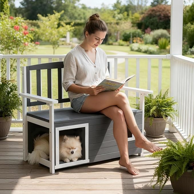 VINGLI Outdoor Storage Bench with Built-in Dog House, 2-in-1 Outdoor Waterproof Patio Bench with Pet Kennel for Patio Backyard Porch (Gray) - Image 2