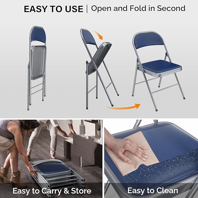 VINGLI 10 Pack Folding Chairs with Padded Seats, Metal Frame with Pu Leather Seat & Back, Capacity 350 lbs, Blue - Image 6