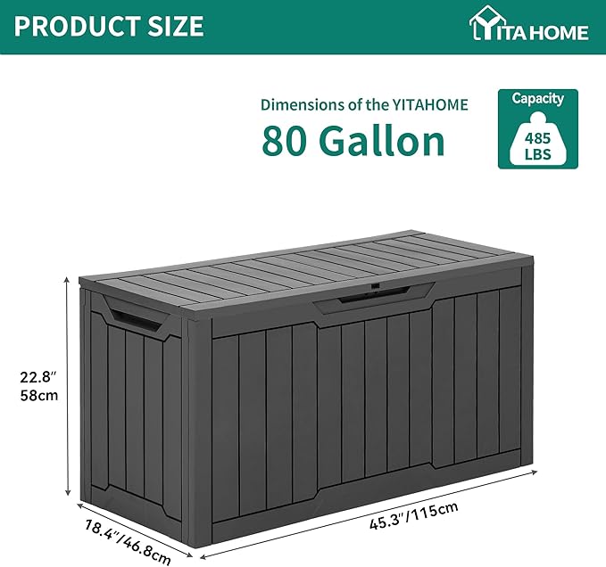 YITAHOME 80 Gallon Outdoor Storage Box, Large Waterproof Resin Deck Box, Indoor Outdoor Lockable Storage Container for Patio, Garden, Cushions, Tools, Equipment (Dark Gray) - Image 6
