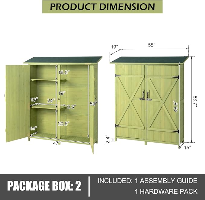 Outvita Outdoor Storage Cabinet with Waterproof Roof, Double Lockable Doors Garden Shed with 2 Removable Shelves, Wooden Storage Shed with Large Storage Space for Yard Garge Patio Deck Porch（Green） - Image 6