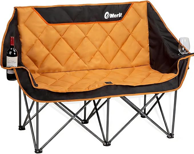 EMERIT Oversized Double Duo Camping Chair Folding Camping Loveseat 2 Person Camping Couch Heavy Duty Lawn Chairs for Outside with Padded Seats & Armrests-Support 650LBS by eMERIT