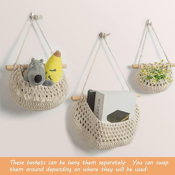 Hanging Fruit Basket, 3 Tier Over The Door Organizer, Handmade Woven Cotton - Image 5