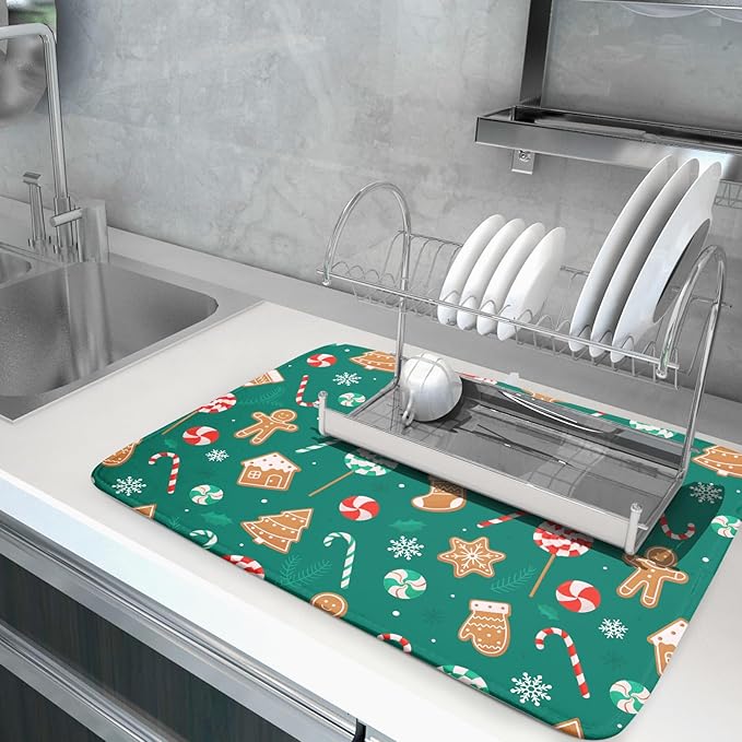 Gingerbread Dish Drying Mat for Kitchen Counter Holiday Green Super Absorbent - Image 5