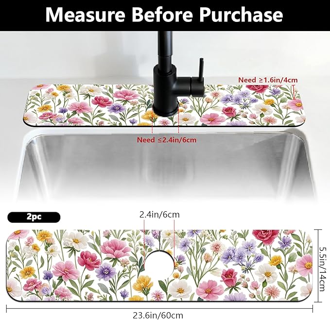 2 Pcs Kitchen Sink Splash Guard Faucet Mats Colorful Watercolor Flowers and - Image 2