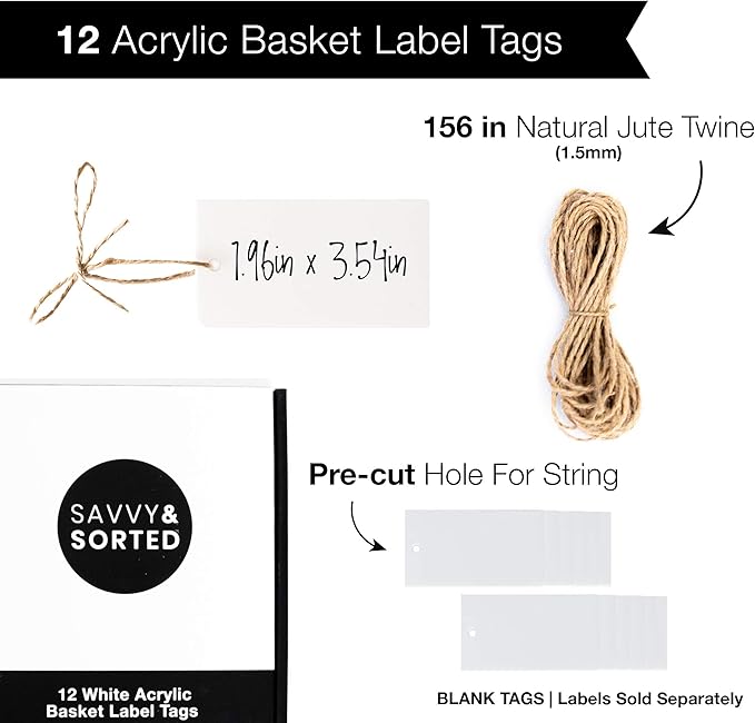 SAVVY & SORTED 12 White Basket Tags 3.5” x 2”, Acrylic Hanging Tags - Image 2