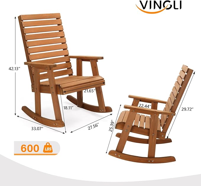 VINGLI Wooden Rocking Chair with High Backrest, Solid Fir Wood, Heavy Duty 600 LBS Patio Rockers for Indoor and Outdoor, Garden, Yard, Patio - Image 3