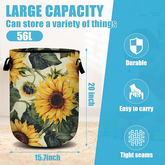 Retro Sunflower Laundry Basket, Floral Laundry Hamper Collapsible Oxford Cloth - Image 2