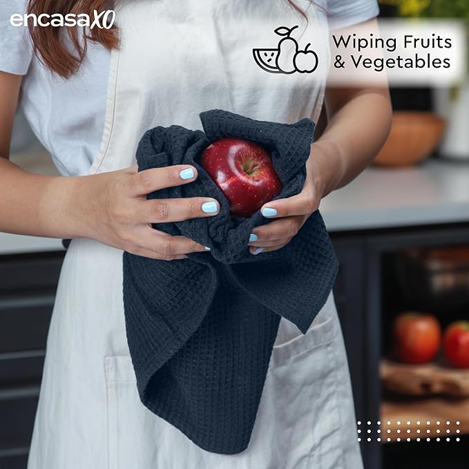 Encasa XO Kitchen Dish Towels Set | Navy Blue | Waffle Weave and Flat Hand Tea - Image 3