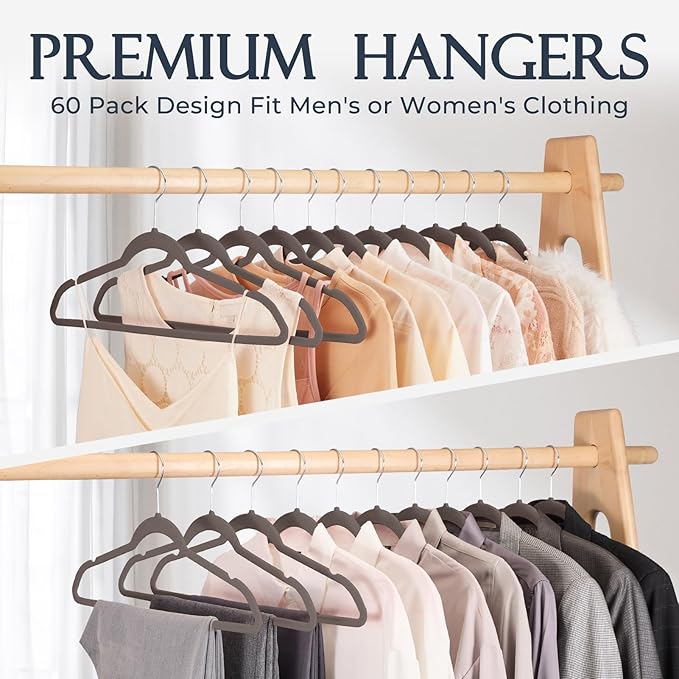 HOUSE DAY Taupe Velvet Hangers 60 Pack, Non Slip Clothes Felt Hanger Heavy Duty - Image 8