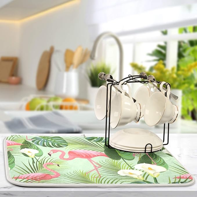 Tropical Palm with Lily and Flamingo Dish Drying Mat - Image 5